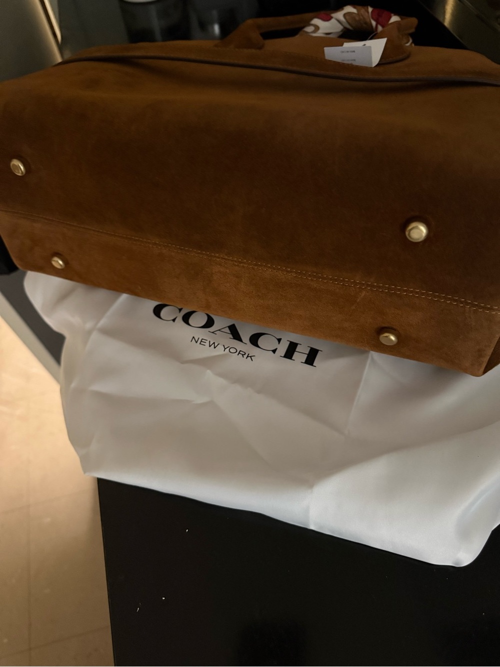 NWT Coach Suede Satchel in Chestnut with Silk-Scarf Wrapped Handles - Picture 7 of 10